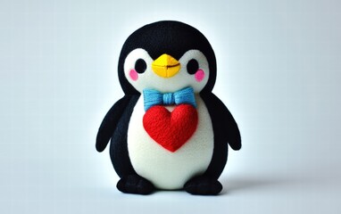 A charming penguin plush wearing a bowtie, holding a red heart, with vibrant colors on a bright white background