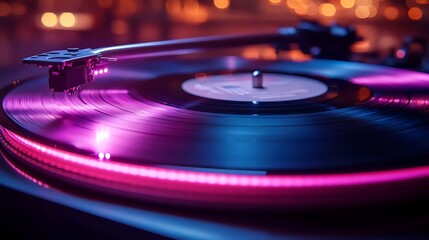 A record player is playing a record with a pink and purple glow