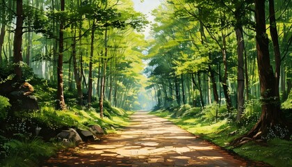 Obraz premium Natural Road Path Surrounded by Trees in The Forest Scenery Detailed Hand Drawn Painting Illustration