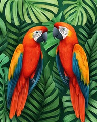 Fototapeta premium Two vibrant parrots perched amidst lush green tropical leaves.