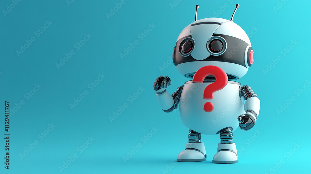 Poster Cute robot character standing on a blue background with a question mark, symbolizing curiosity and technology exploration