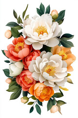 A bouquet of white and orange flowers with green leaves