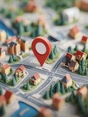 3D map model showcasing urban layout with a prominent location pin highlighting navigation points