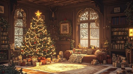 A cozy, festive living room adorned with a beautifully decorated Christmas tree, surrounded by wrapped gifts and a warm, inviting atmosphere.