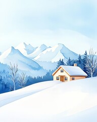 A serene winter landscape featuring a cozy house amidst snow-covered mountains.