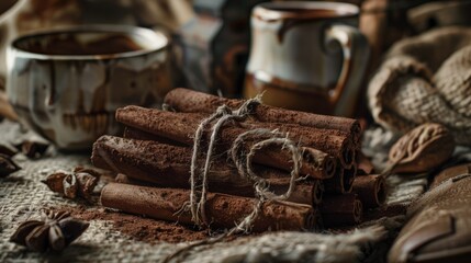 A pile of cinnamon sticks tied with twine