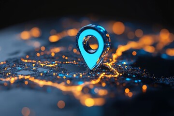 Digital map marker illuminated with blue light over a dark background featuring glowing city outlines