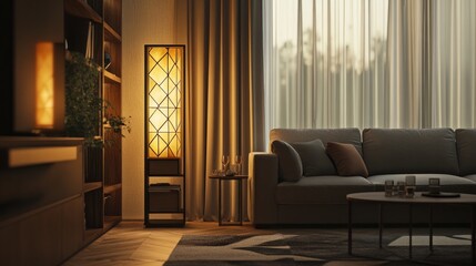 Warm evening light illuminates a modern living room with a stylish floor lamp, sofa, and coffee table.