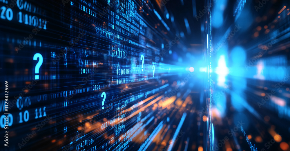 Poster Abstract representation of data streams with glowing question marks and vibrant blue tones in a futuristic digital landscape