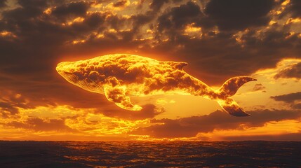 A massive whale-shaped cloud glowing golden as it drifts across a fiery sunset.