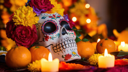 Day of the Dead Skull with Floral Decorations and Oranges