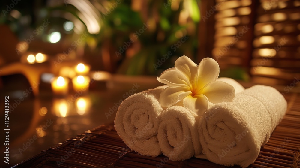 Poster Soft white towels neatly arranged next to a delicate flower create a calming atmosphere. Candles flicker softly in the background, enhancing the immersive experience of the spa setting.