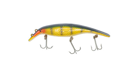 Swim Whizz, yellow belly Perch Color Muskie muskellunge or northern pike fishing lure with three treble hooks.  Old vintage fresh water angling equipment isolated on white background