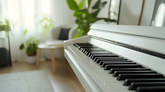 A modern digital piano placed in a stylish studio apartment with contemporary decor.