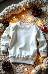 Kids white sweatshirt mockup with empty space for text with Christmas decorations around it.
