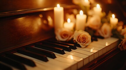 A piano decorated with flowers and candles for a romantic evening setting.