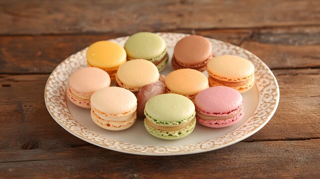 A plate of assorted colorful macarons on a rustic wooden table.