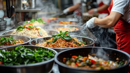 In a lively Thai noodle kitchen, chefs skillfully toss steaming bowls of noodles with vibrant vegetables and aromatic herbs. The air is filled with enticing aromas, showcasing culinary artistry