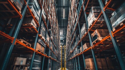 High-bay warehouse interior with numerous orange racks filled with goods.