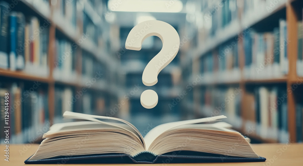 Poster Open book with question mark in a library setting illustrating the quest for knowledge and understanding