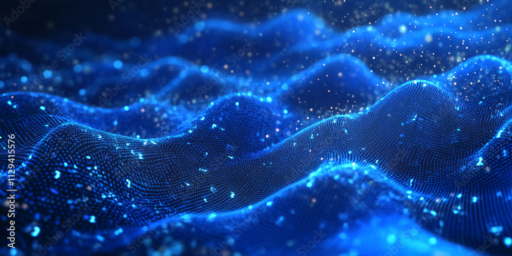 Aufkleber Visual representation of glowing blue waves with particle effects in a digital space