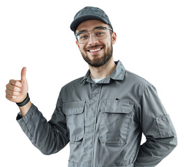 A man in uniform holds up a thumbs up. Household appliance repair, service engineer, delivery, maintenance, loader, worker.