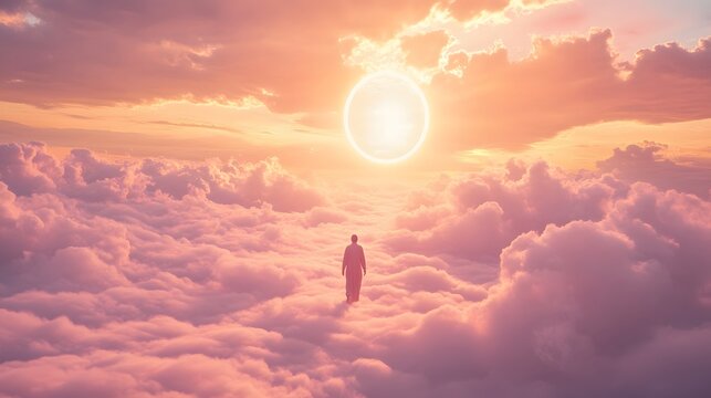 A serene angelic figure walking on clouds illuminated by a radiant halo under a soft pink sky.