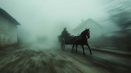 Horse-drawn cart on foggy road.