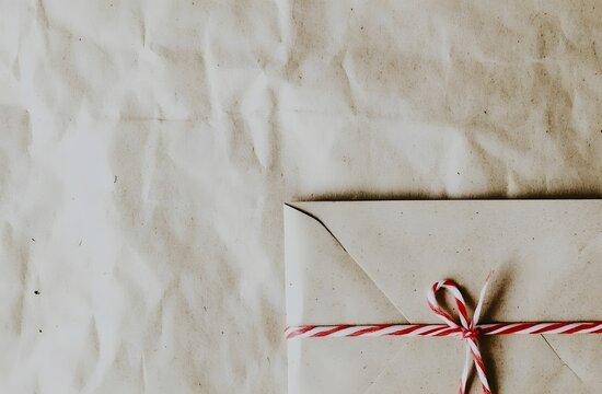 Rustic brown paper wrapping with red twine string on wrinkled background