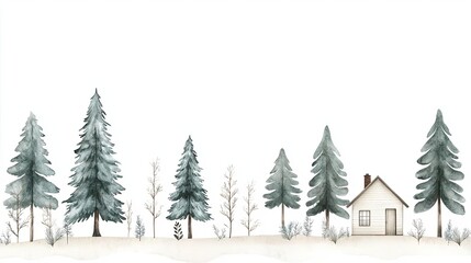 Obraz premium Charming winter scene with trees and a cozy house in a snowy landscape.