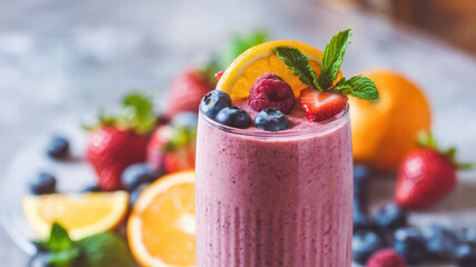 Refreshing Berry Smoothie in a Glass with Fruit Garnish