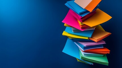A stack of colorful sticky notes fanned out mid-fall against a dark blue background.