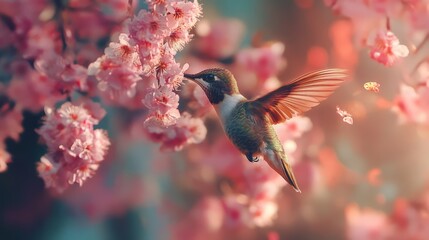 Fototapeta premium Hummingbird feeding on pink blossoms.