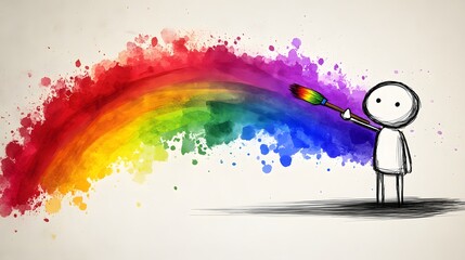 A stickman holding a paintbrush and painting a rainbow.