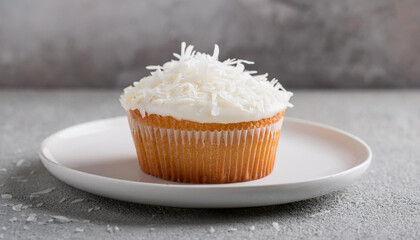 Tasty coconut cupcake on ceramic plate. Sweet food. Delicious treat.