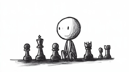 A stickman playing chess pondering their next move.