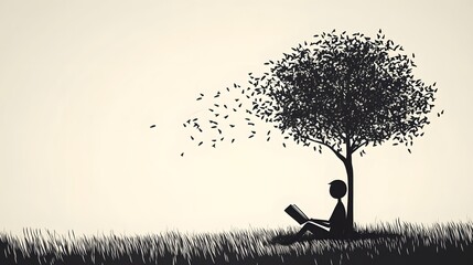A stickman reading a book under a tree sitting cross-legged.