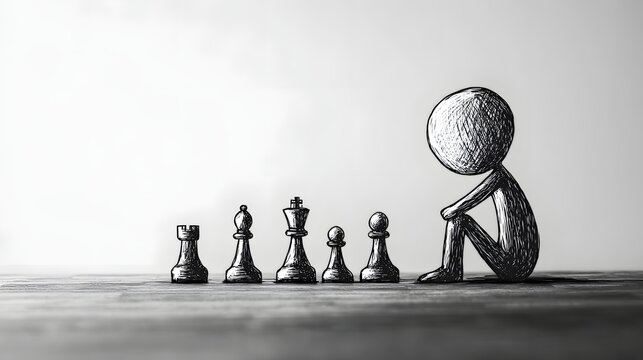 A stickman playing chess pondering their next move.