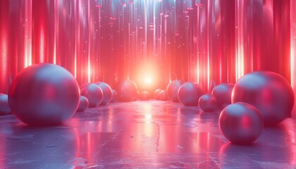 A room full of red balls with a sun shining through the middle