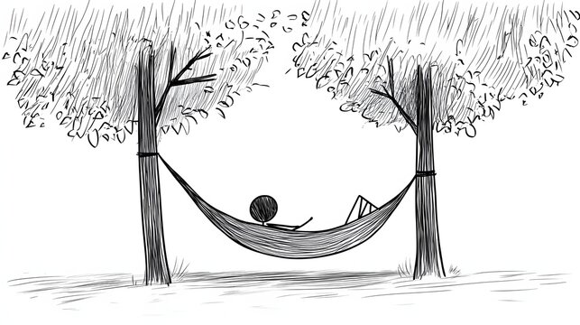 A stickman sitting in a hammock tied between two trees enjoying a nap.