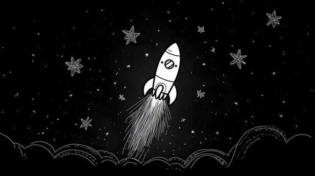 A stickman sitting in a rocket blasting off into space surrounded by stars.