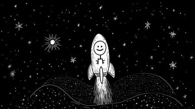 A stickman sitting in a rocket blasting off into space surrounded by stars.