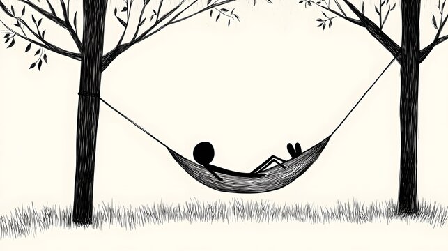 A stickman sitting in a hammock tied between two trees enjoying a nap.