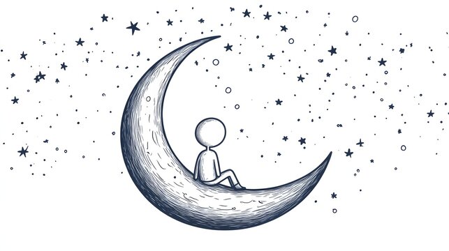 A stickman sitting on a crescent moon gazing at the stars.