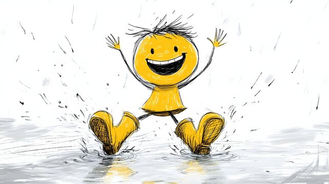 A stickman splashing in puddles with rain boots and a big smile.