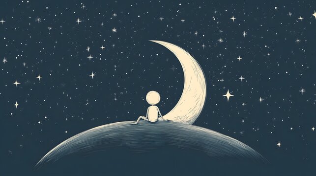 A stickman sitting on a crescent moon gazing at the stars.