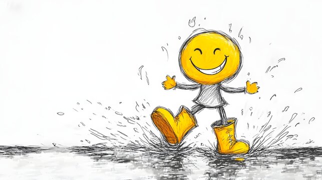A stickman splashing in puddles with rain boots and a big smile.
