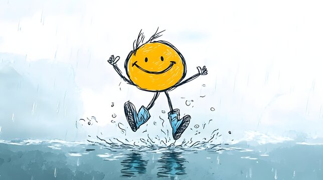 A stickman splashing in puddles with rain boots and a big smile.