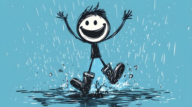 A stickman splashing in puddles with rain boots and a big smile.