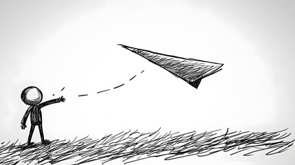 A stickman throwing a paper airplane which soars into the distance.